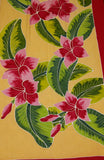 HIGH QUALITY HAND PAINTED TEXTILE FABRIC HALF SARONG OR BEACH SKIRT, SUMMER TABLE RUNNER, SIGNED BY THE ARTIST: DETAILED MOTIFS OF BLOOMING PLUMERIA YELLOW  & HOT PINK BACKGROUND, RICH COLORS 74" x 23" (no SC17)
