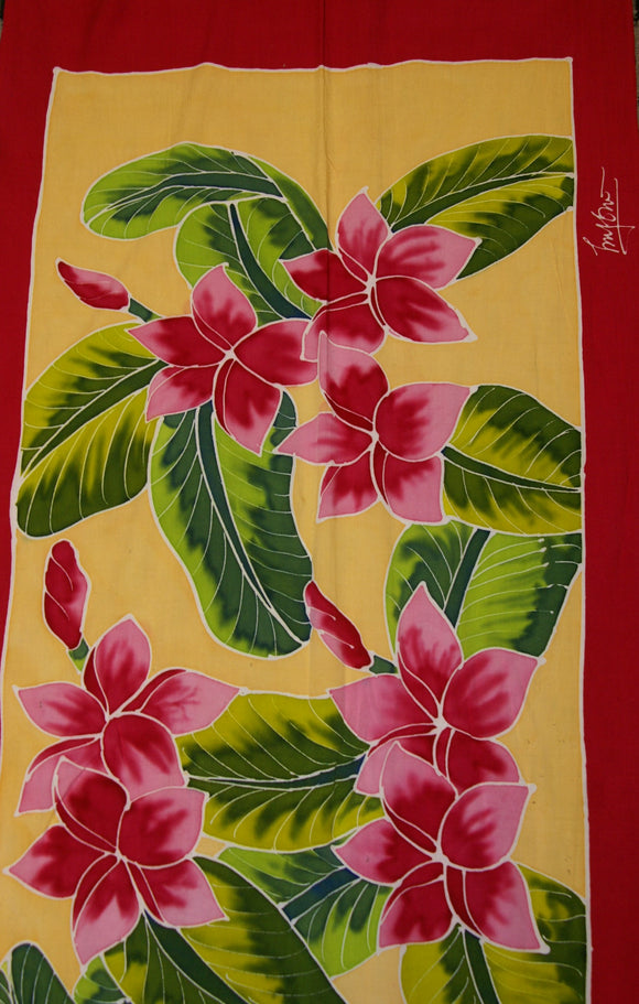 HIGH QUALITY HAND PAINTED TEXTILE FABRIC HALF SARONG OR BEACH SKIRT, SUMMER TABLE RUNNER, SIGNED BY THE ARTIST: DETAILED MOTIFS OF BLOOMING PLUMERIA YELLOW  & HOT PINK BACKGROUND, RICH COLORS 74