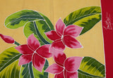 HIGH QUALITY HAND PAINTED TEXTILE FABRIC HALF SARONG OR BEACH SKIRT, SUMMER TABLE RUNNER, SIGNED BY THE ARTIST: DETAILED MOTIFS OF BLOOMING PLUMERIA YELLOW  & HOT PINK BACKGROUND, RICH COLORS 74" x 23" (no SC17)