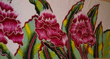 HIGH QUALITY HAND PAINTED TEXTILE FABRIC HALF SARONG OR BEACH SKIRT SIGNED BY THE ARTIST: DETAILED MOTIFS OF BLOOMING DOUBLE HIBISCUS, RICH COLORS 74" x 23" (no SC9)