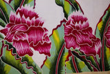 HIGH QUALITY HAND PAINTED TEXTILE FABRIC HALF SARONG OR BEACH SKIRT SIGNED BY THE ARTIST: DETAILED MOTIFS OF BLOOMING DOUBLE HIBISCUS, RICH COLORS 74" x 23" (no SC9)