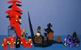 NOW RARE RETIRED LEGO BATMAN & NINJA MINIFIGURES  (YEARS 1998-2009) (1 BATMAN AND 6 NINJAS) PLUS 3 CUSTOM BUILDS: WATCH TOWER, GUARD GATE AND MOTORCYCLE (113pcs) KIT SET ITEM 64