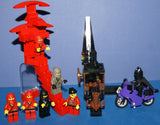 NOW RARE RETIRED LEGO BATMAN & NINJA MINIFIGURES  (YEARS 1998-2009) (1 BATMAN AND 6 NINJAS) PLUS 3 CUSTOM BUILDS: WATCH TOWER, GUARD GATE AND MOTORCYCLE (113pcs) KIT SET ITEM 64