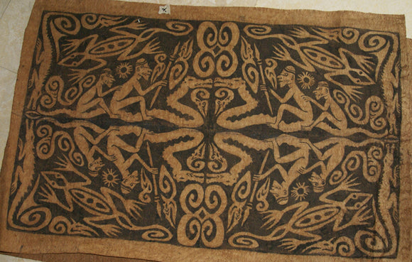 Rare Tapa Bark Cloth (Kapa in Hawaii), from Lake Sentani, Irian Jaya, Papua New Guinea. Hand painted by a Tribal Artist with natural pigments: Spiritual Stylized Warrior Weapons, Snakes, Crocodiles, Gecko Motifs & waves 28