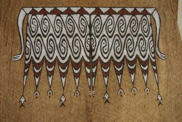 Rare Maro Tapa loin Bark Cloth (Kapa in Hawaii), from Lake Sentani, Irian Jaya, Papua New Guinea. Hand painted by a Tribal Artist with natural pigments: Spiritual Stylized Fish Motifs & waves 30