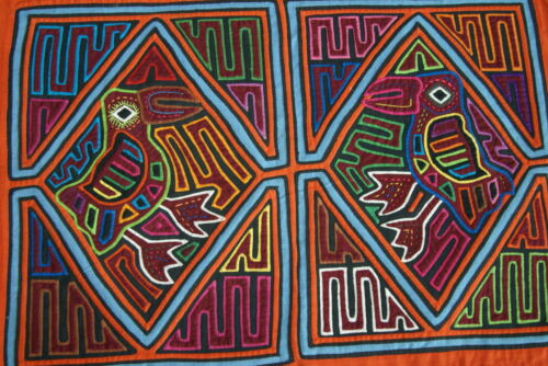 Kuna Indian Abstract Art Mola Blouse Panel, Hand stitched Applique with minute stitches from San Blas Islands, Panama: Mirror Image Baby Birds Trapped in Brain Coral Labyrinth Maze, 19