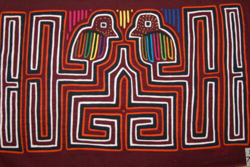 Kuna Indian Abstract Traditional Mola blouse panel from San Blas Islands, Panama. Hand Stitched Applique: Bird in maze Illusion 17.25