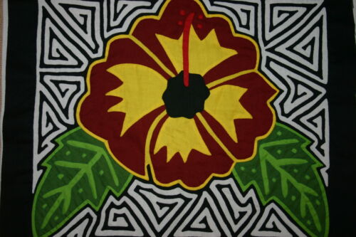Kuna Indian Folk Art Mola from San Blas Islands, Panama. Hand stitched Textile Applique: Colorful Hibiscus Bloom, Black & White Maze Background 14