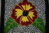 Kuna Indian Folk Art Mola from San Blas Islands, Panama. Hand stitched Textile Applique: Colorful Hibiscus Bloom, Black & White Maze Background 14" x 12.5" (355A)