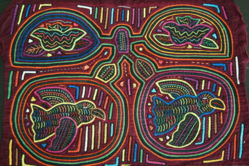 Kuna Indian Folk Art Blouse Mola blouse Panel from San Blas Islands, Panama. Hand-stitched Textile Applique: Parrot & Coconut Palms Motif 15.25