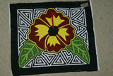 Kuna Indian Folk Art Mola from San Blas Islands, Panama. Hand stitched Textile Applique: Colorful Hibiscus Bloom, Black & White Maze Background 14" x 12.5" (355A)