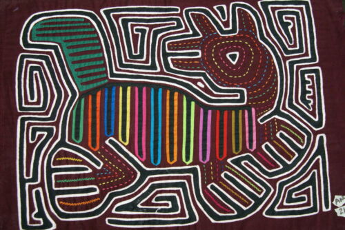 Kuna Indian Folk Art Mola Blouse Panel from San Blas Islands Panama. Hand stitched Abstract Applique: Animal Motif 17.5
