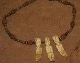 Unique Vintage Hand crafted Ethnic Glass Trade Beads, Rudhaccha Seeds & Seed Beads Necklace with 3 Buffalo Bone Hand Carved Pendants of Protective Ancestor Effigies for Good Luck, Health & Prosperity, Borneo, Indonesia NECK16 + 1 Flapper Coconut necklace.