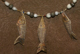 Unique Vintage Hand crafted Ethnic Glass Trade & Metal Beads, Seed beads Necklace with 3 Asian Buffalo Bone Hand Carved Pendants of Fish Effigies, Borneo, Indonesia NECK20+ 1 Flapper Coconut necklace. Zodiac Pisces Emblem.