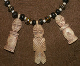 Unique Vintage Hand crafted Ethnic Glass Trade & Metal Beads Necklace with 3 Asian Buffalo Bone Hand Carved Pendants of Protective Ancestor Effigies, Borneo, Indonesia NECK27+ 1 Flapper Coconut necklace.