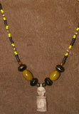 Unique Vintage Hand crafted Ethnic Amber & Glass Trade Beads, Real Pearls Necklace with Buffalo Bone Hand Carved Pendant of Protective Ancestor Effigy for Good Luck, Health & Prosperity, Borneo Kalimantan, Indonesia NECK34 + 1 Flapper Coconut necklace.