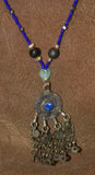 UNIQUE HAND CRAFTED RARE VINTAGE ETHNIC AFGHANISTAN KUCHI (KOCHI) NOMAD TRIBE JEWELRY, REAL PEARLS & OLD TRADE BEADS NECKLACE WITH PENDANT ADORNED WITH BELL FRINGES & BLUE STONE, FUSION CHEST ORNEMENT COLLECTED IN LATE 1900’S, MIDDLE EAST (NECK AFGA2)