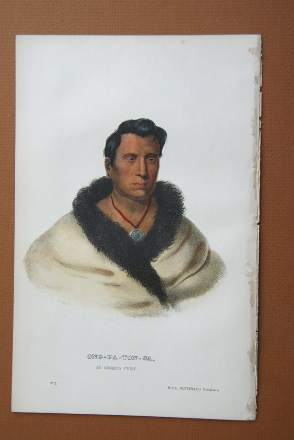 1848 Original Hand colored lithograph of ONG-PA-TON-GA, AN OMAKAS CHIEF (ONGPATONGA), PLATE 15, from the octavo edition of McKenney & Hall’s History of the Indian Tribes of North America