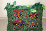 Kuna Indian Abstract Traditional Mola blouse panel from San Blas Islands, Panama. Hand stitched Applique: Teapot Kettle with Birds Motifs, Parrots in nest, Butterflies 16" x 11"  (115A)