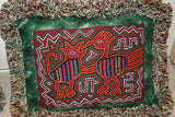 Kuna Indian Traditional Quilted Mola Blouse Panel from San Blas Islands, Panama. Hand Stitched Folk Art Applique: Colorful Tea  Kettle Motif in Labyrinth Maze 13" x 11" (2B)