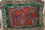 Kuna Indian Abstract Traditional Mola blouse panel from San Blas Islands, Panama. Hand stitched Applique: Teapot Kettle with Birds Motifs, Parrots in nest, Butterflies 16" x 11"  (115A)