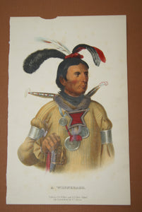 1865 Original Hand colored lithograph of  a Winnebago from the first royal octavo edition of McKenney & Hall’s History of the Indian Tribes of North America