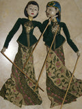Vintage Javanese Theater Royal Puppet Couple: Rama & Sinta, Created by Master Artist Carver & Painter, Clothed in Hand Made Batik Costume (Wooden Wayang Golek or Puppet Dolls Collectibles) Yogyakarta, late 1900’s, Indonesia.