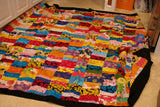 HAND MADE UNIQUE LARGE COTTON ONE OF A KIND MULTICOLOR BOHEMIAN CRAZY QUILT, BATIK PATCHWORK FROM JAVA, INDONESIA 94” x 79” DECORATOR DESIGNER COLLECTOR BEDSPREAD COMFORTER THROW SOFA COVER WALL DÉCOR BEACH BLANKET TABLECLOTH BEAUTIFUL MOTIFS no2