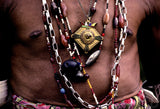 Unique Vintage Hand crafted Ethnic Glass Trade Beads, Rudhaccha Seeds Necklace with 3 Buffalo Bone Hand Carved Pendants of Protective Ancestor Effigies for Good Luck, Health & Prosperity, Borneo, Indonesia NECK21+ 1 Flapper Coconut necklace.