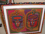 Kuna Indian Folk Art Mola Blouse Panel from  San Blas Islands, Panama. Hand-stitched Reverse Applique: Music Festival Percussion Drum Motif & Metronome  14" x 12" (1B) Labyrinth Background
