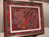 Kuna Indian Folk Art Mola Blouse Panel, Textile from San Blas Islands, Panama. Hand-stitched Reverse Applique: 4 Blow Fish, 18.5" x 13.25" (87A)
