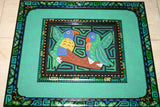 A Kuna Indian Folk Art Mola in Custom Frame, Glass & Double Mats. Hand-stitched Applique from San Blas Islands, Panama: Colorful Blue Water Fowl or Hen Swimming, Surrounded by Pink Flowers & Leaves 15" X 13" (DFM6) Wall Decor