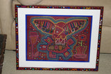 Kuna Indian Folk Art Mola Blouse Panel from San Blas Islands, Panama. Hand-stitched Reverse Applique: Unique, Conquistador Riding a Flying Horse While Blowing His Horn 17.5" x 12" (41B)