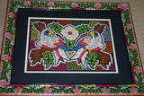 A Framed Kuna Indian Folk Art Mola from San Blas Islands, Panama. In Custom Frame, Glass & Mat. Hand stitched Textile Applique: Purple Hummingbird, Hummer & Flowers 14" X 12" (DFM11) Wall Decor