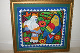 A Framed Kuna Indian Folk Art Mola from San Blas Islands, Panama in Hand Painted Frame With Wood Leaves, Glass & Double Mats. Hand stitched  Applique: Green Parrots On a Perch 20.5" X 17.5" (DFM20) WALL DECOR