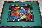 A Kuna Indian Folk Art Mola from San Blas Islands, Panama. Wall Decor, in Custom Frame & Mat. Hand stitched Textile Applique: Colorful Parrot & Hibiscus Flowers, plants 16" x 12" (DFM3)