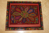 1980's Kuna Indian Folk Art Mola blouse panel from San Blas Islands, Panama. Hand-stitched Applique: Geometric Abstract Hibiscus in Bloom 11.75" x 9.5" (3B)