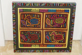 Kuna Indian Folk Art Mola Blouse Panel from  San Blas Islands, Panama. HandStitched Applique: Geometric Abstract Double Meaning, Optical Illusion of 2 Dogs or 1 Pot with Animal Face Handles 16.5" x 13" (81B)