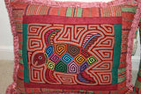 Kuna Indian Abstract Traditional Mola blouse panel from San Blas Islands, Panama. Hand stitched Applique: Teapot Kettle with Birds Motifs, Parrots in nest, Butterflies 16" x 11"  (115A)