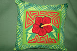 Kuna Indian Folk Art Mola from San Blas Islands, Panama. Hand stitched Applique: Pink Hibiscus Flower 14.5" x 12.5" (360)