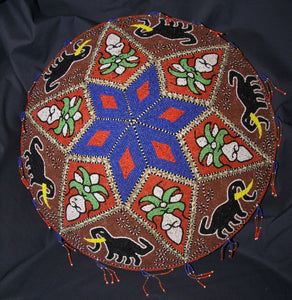 Vintage, Now Rare, Ceremonial Conical Coolie Sun Hat, Hand Beaded Minute Colorful Mosaic Motifs, Deer & Lotus Flowers, Nassa Shells, 161A3, Collected in Sumatra, 1980’s but Older. Bride Price, Currency. 21” Tall Display Stand Included.