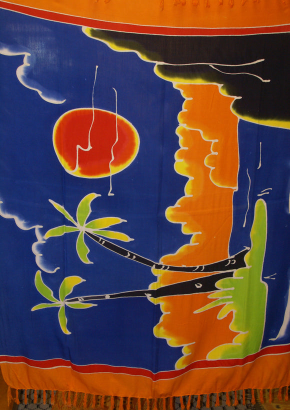 UNIQUE HIGH QUALITY COTTON HAND PAINTED TEXTILE FABRIC SARONG, VIBRANT COLORS, SUNSET IN BALI, MOTIFS OF PALM TREES AND BEACHES, 60” x 49” (no 14)