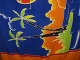 UNIQUE HIGH QUALITY COTTON HAND PAINTED TEXTILE FABRIC SARONG, VIBRANT COLORS, SUNSET IN BALI, MOTIFS OF PALM TREES AND BEACHES, 60” x 49” (no 14)