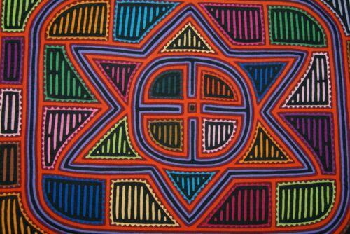Kuna Indian Folk Art Mola Blouse Panel from San Blas Islands, Panama. Hand stitched Reverse Applique: Geometric Abstract North Star 18.5