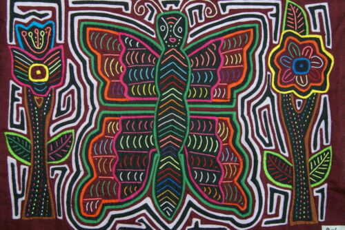 Kuna Indian Traditional Mola blouse panel from San Blas Islands, Panama. Folk Art, hand stitched Applique: Butterfly & Flowers in a Detailed Maze 14.75