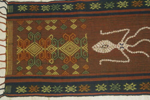 Hand woven Sumba Hinggi Songket Ikat Textile Made from Handspun Cotton Dyed with Natural Pigments. With Motifs Created from hand sewn Nassa Shells: SR21 (59" x 12.5") OR SR23 (64" x 15.5") earthtones with fringes wall Décor designer textile collector