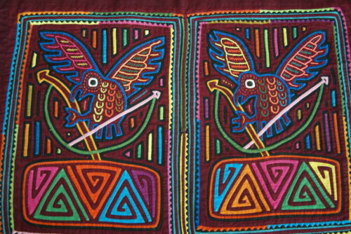 Kuna Indian Folk Art Mola blouse panel from San Blas Islands, Panama. Hand stitched Applique: Birds and Bow & Arrow 20
