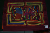 Kuna Indian Folk Art Mola Blouse Panel from San Blas Islands, Panama. Hand-stitched Applique: Parrot Fish In Maze 17" x 13" (50A)