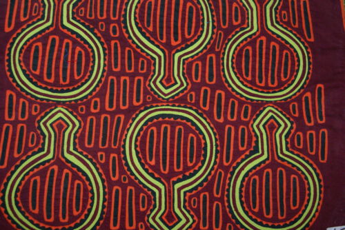 Kuna Indian Art Mola Blouse Panel from San Blas Islands, Panama. Hand stitched Reverse Applique: Geometric Abstract Musical Maraca Gourds or Water Jugs 16.5