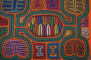 Kuna Indian Textile Folk Art, Mola Blouse Panel from San Blas Islands, Panama. Hand Stitched Applique:  Musical Theme, Maracas Rattle, 17" x 12.5" (16A)